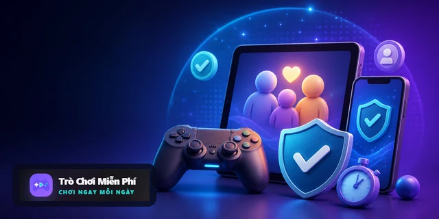 Tay cầm chơi game cùng biểu tượng bảo vệ và thiết bị di động